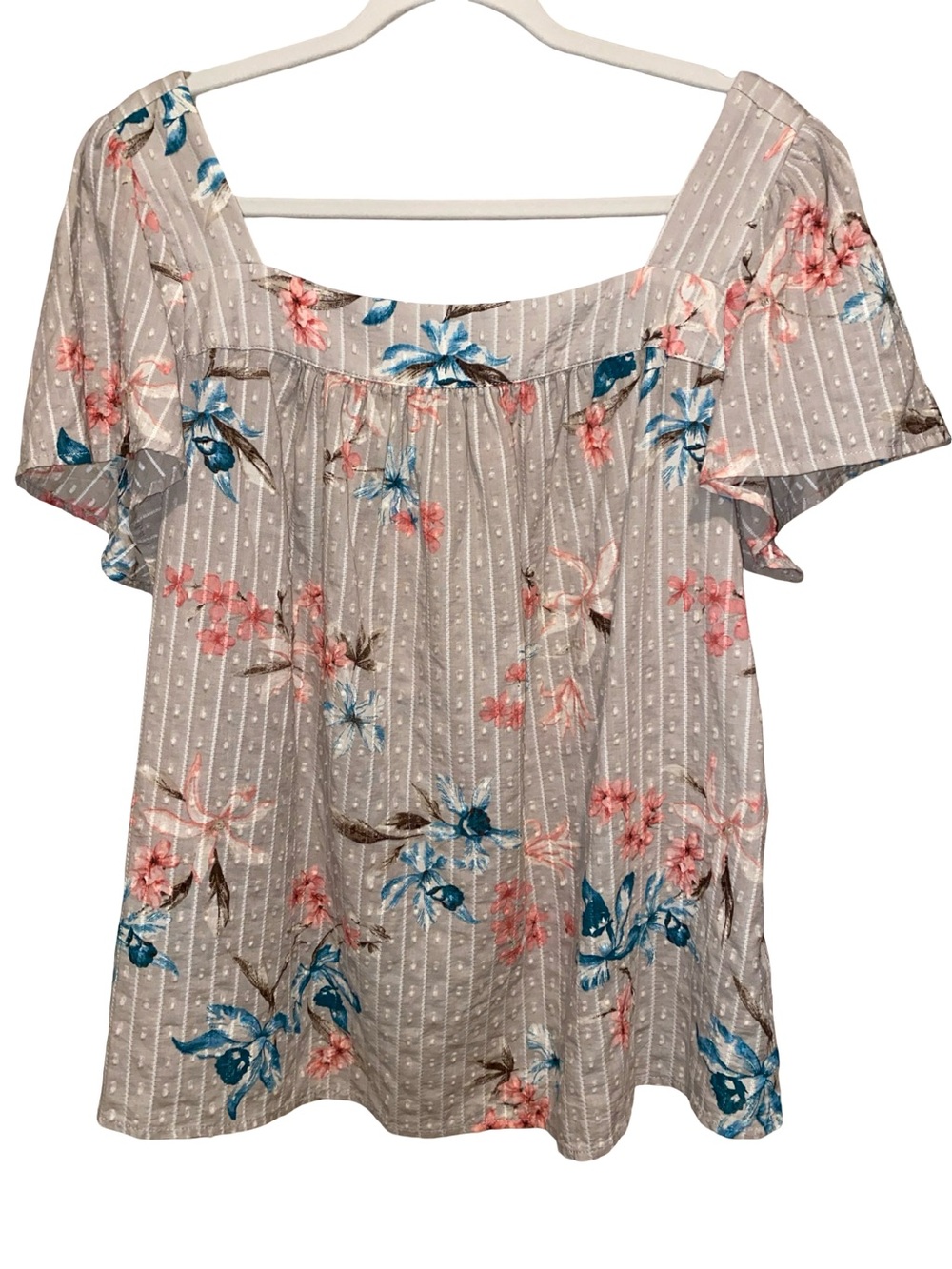 Torrid Size 0 Floral Swiss Dot Cotton Square Neck Flutter Sleeve Blouse